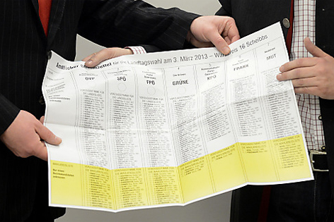 Zwei Männer halten den Stimmzettel in der Hand