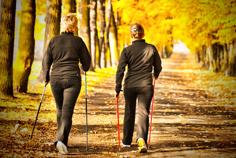 Zwei Frauen mit Walking-Stöcken im Herbstwald